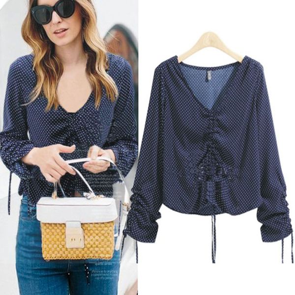 

2018 femininas new autumn winter drawstring women blouses ladies dot shirred chiffon casual lace up shirts vkbl1017, White
