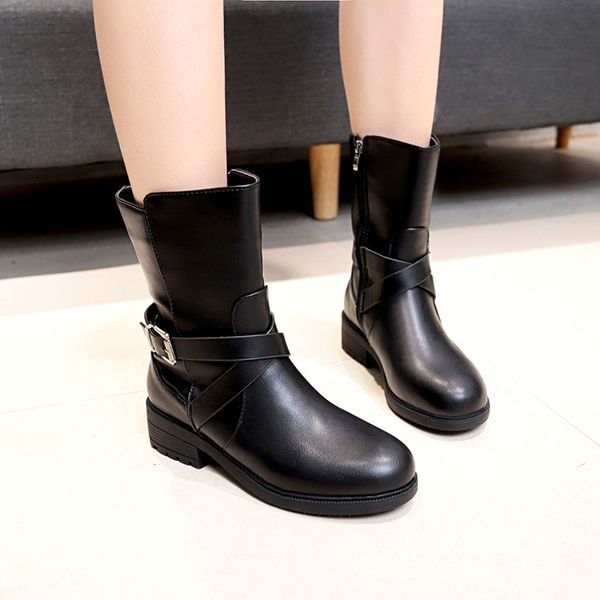 

new leather boots for women mid-calf boots autumn martin women's shoes thick short plus size 35-41, Black