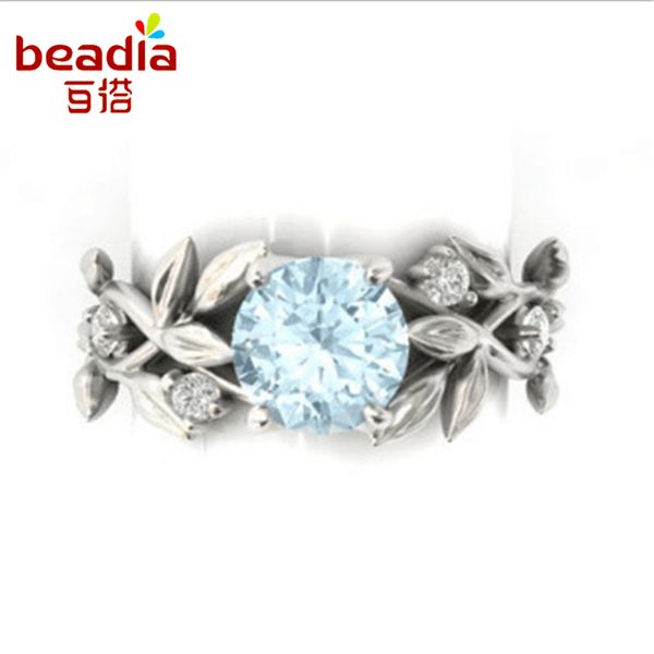 

whole sale1pc personality princess olive leaf engagement ring set with blue crystal stone ring for women jewelry metal accessories gift, Golden;silver