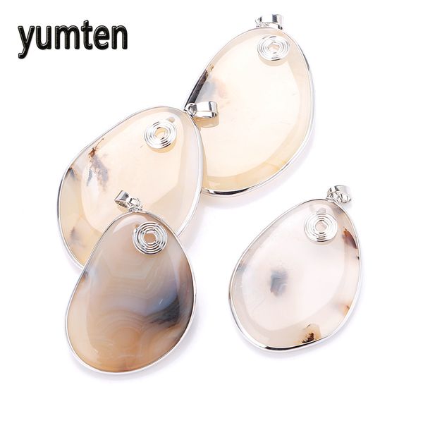 

yumten chalcedony crystal pendant natural stone irregular ribbon necklace water droplets hollow bead heart women fine jewelry, Silver