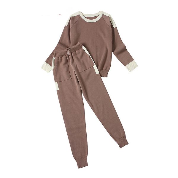 

aautumn winter women knit pants and sweater 2pcs clothes sets round neck pullovers color knit pocket pants sets, Gray