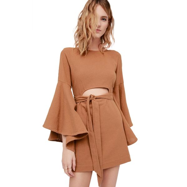 

new fashion spring ladies midriff-baring backless long ruffle sleeve mini dresses casual party vestidos teenagers clothing, Black;gray