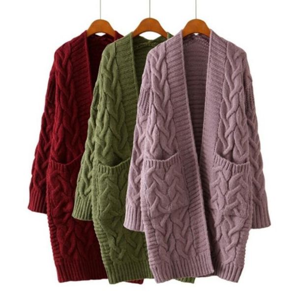 

новые женщины повседневная с длинным рукавом открытый фронт коренастый теплый твист свитер свободные толстые вязаный кардиган женские свитер, White;black