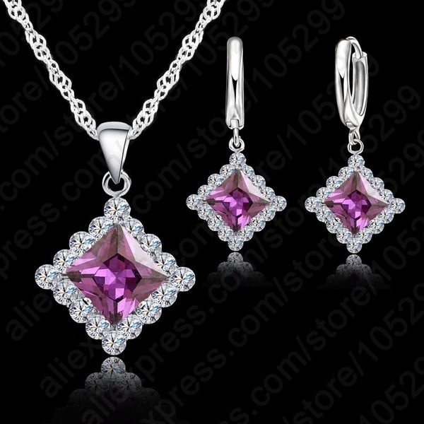 

jexxi classic square crystal pendant necklace&earrings jewelry sets for women wedding 925 sterling silver fashion accessories
