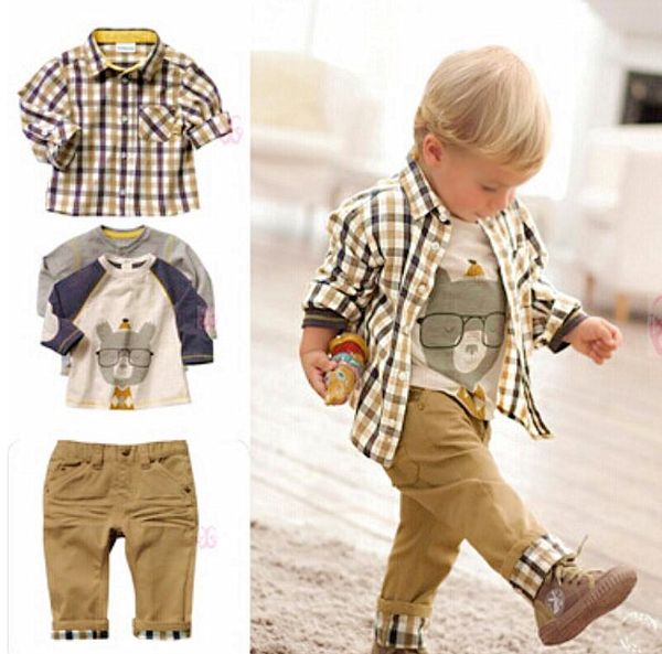 2018 Hot 3 pcs bebê menino roupas meninos terno roupas china treliça primavera jaqueta infantil casacos branco camisa longa meninos calças