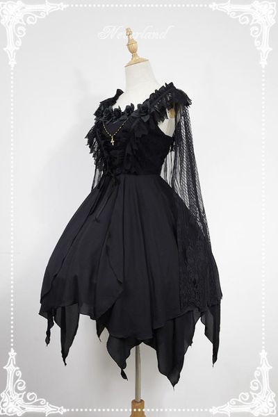 

asymmetrical gothic lolita dress the ballet spirit short jsk dress with lace cape by soufflesong, Black;red