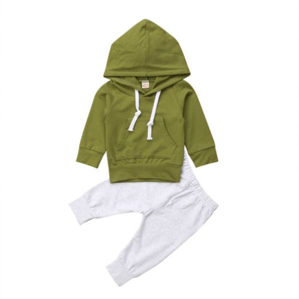 

2018 brand new casual newborn baby boy autumn cotton outfits solid long sleeves pocket hooded sweatshirt pants 2pcs sets 0-24m, White
