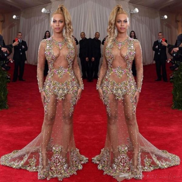 

2019 Sheer Beaded Evening Dress Beyonce Met Ball Red Carpet Dresses Nude Naked Celebrity Gown See Through Formal Wear Sweep Train Backless