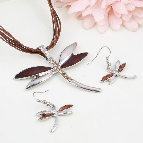 

minhin vintage dragonfly jewelry sets leather rope chain necklace dangle earrings set wedding bridal jewelry sets for women, Silver