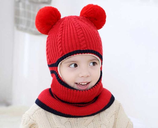 

kids beanie warm hat two pom knitted scarf winter circulal knit child child mz6931 cap ear flaps accessories scarves pom hooded striped pfqf, White;black
