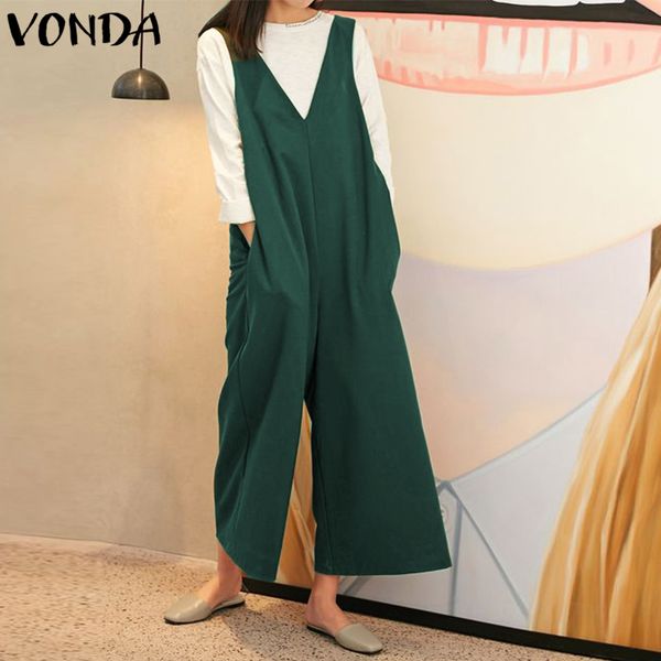 

vonda women rompers 2018 solid wide legs ladies pants plus size sleeveless v-neck loose jumpsuits casual vintage overalls, Black;white