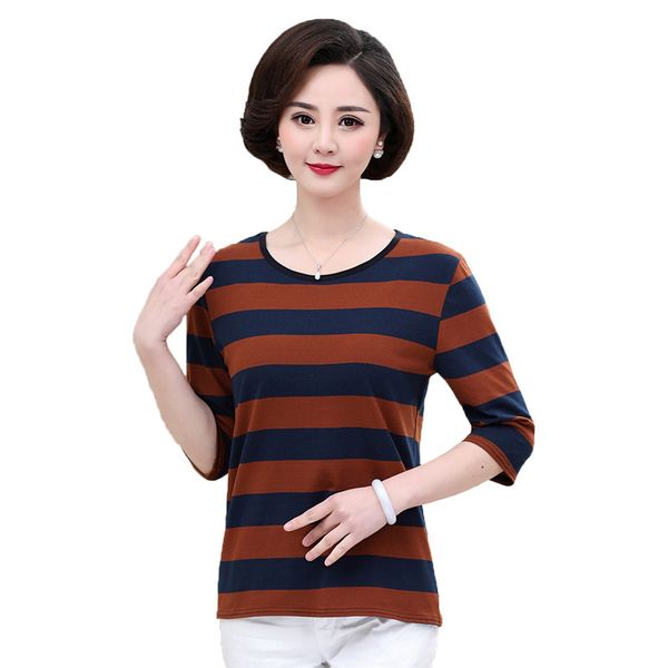 

summer women t-shirt 2018 new fashion middle-aged loose plus size female half-sleeved striped knitting ladies t-shirt cw426, White