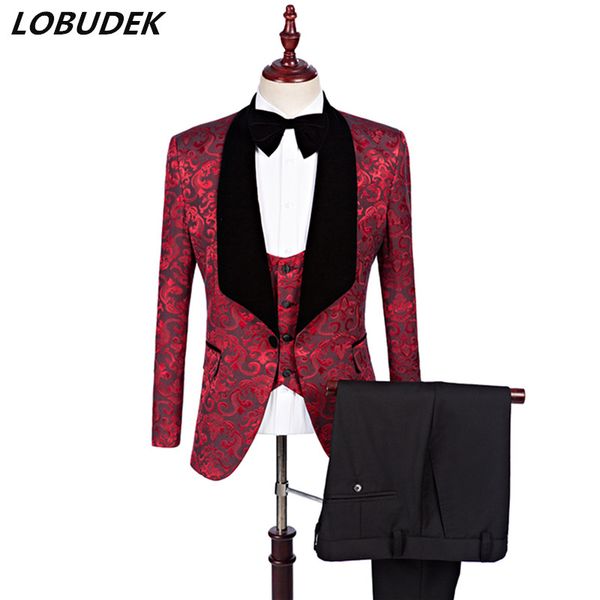 

fashion printing blazers men's suit wedding groom dress business casual three piece set prom party singer host stage clothing, White;black