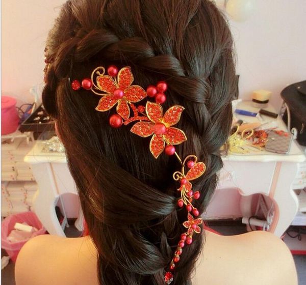 

the bride headdress red pearl flower soft chain wedding ornaments, Silver