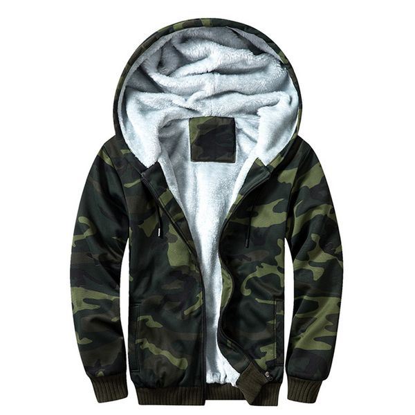 

adisputent men's winter camouflage print fleece jacket zipper hooded thick jacket male casual warm sweater, Black