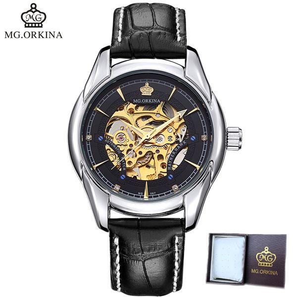

orkina gold skeleton leather style transparent case back automatic mechanical watches male relogios masculinos horloge reloj, Slivery;brown
