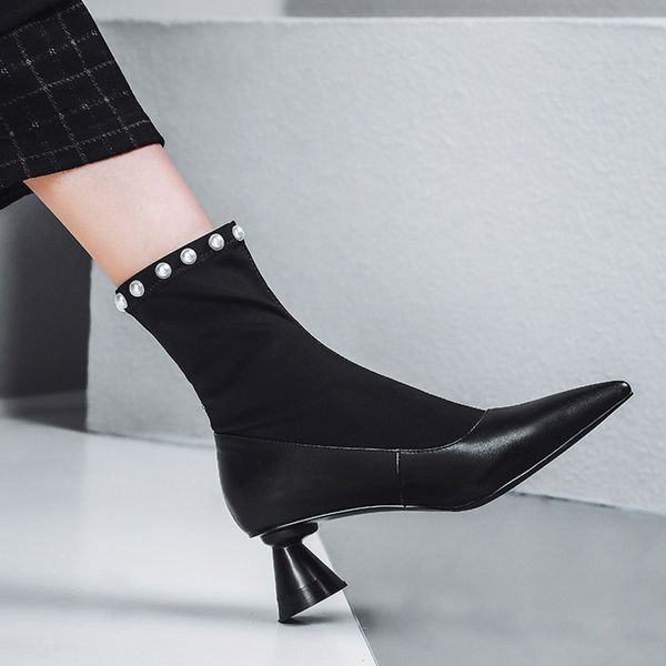 

vogue strange heel stretch fabric sock boots women pointed toe high heel women boots patchwork pearl swe0207, Black