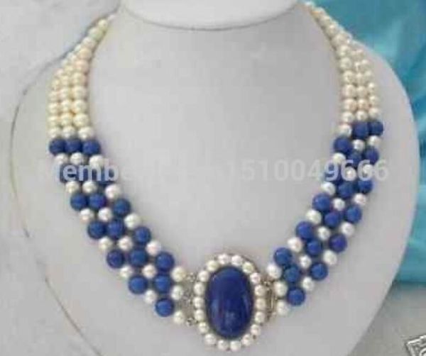 

gt;>3 rows 7-8mm white pearls lazuli necklace 17-19", Silver