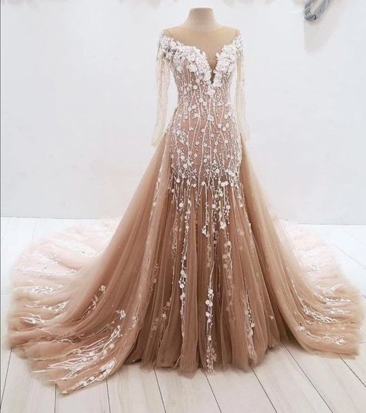 

шампанское русалка 2018 свадебные платья со съемным поезд с длинными рукавами бусины свадебные платья кружева аппликация vestido де novia, White