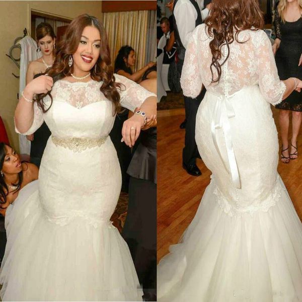 

stunning 2018 mermaid lace applique wedding dresses with 3/4 long sleeves illusion button back wedding bridal gowns plus size wedding dress, White