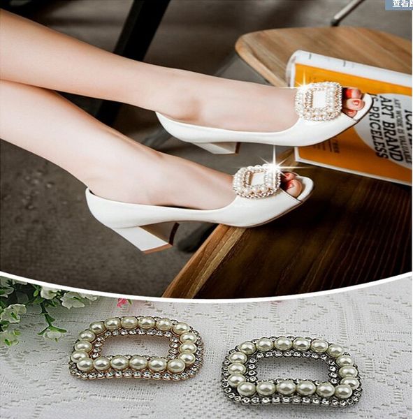 

(6 pcs/lot) diamond pearl gold silver square buckle shoes clip diy craft shoe buckle hardware metal buckle, White;pink