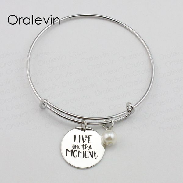 

live in the moment inspirational hand stamped engraved charm pendant expandable bracelet bangle gift jewelry,10pcs/lot, #ln1869b, Black