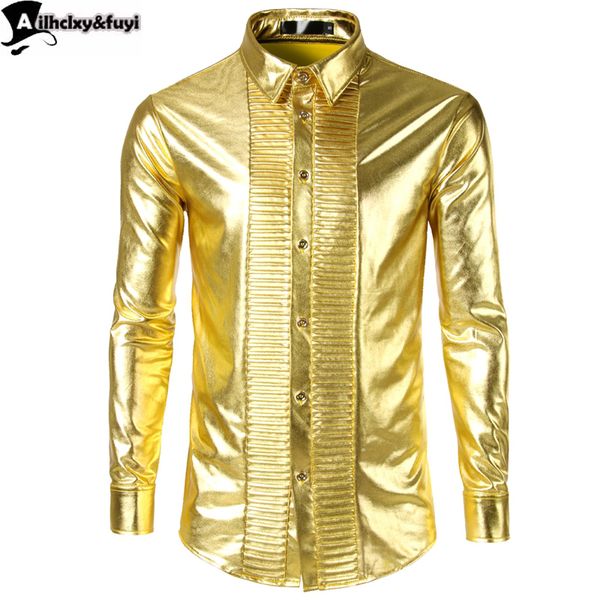 

men shirt long sleeve gold shiny silver streetwear camisa hombre men clothes 2018 casual slim fit plaid shirt glossy, White;black