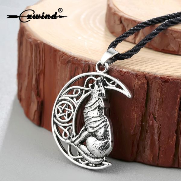 

cxwind animal wolf star moon viking dog necklace & pendant valknut odin 's symbol of norse warrior men's rope necklaces jewelry, Silver