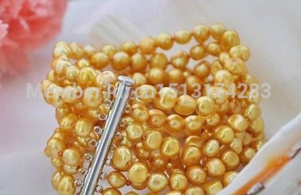 

gt;>>8row 8" 8mm yellow baroque freshwater cultured pearl bracelet, Golden;silver