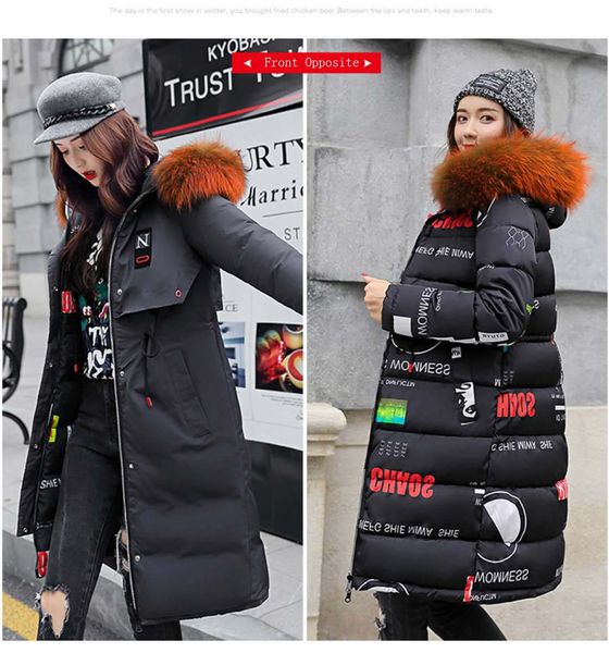 

beautiful woman slim down jacket puffer long winter coat fur hooded parka pullover hoodie women trench zipped coat, Black