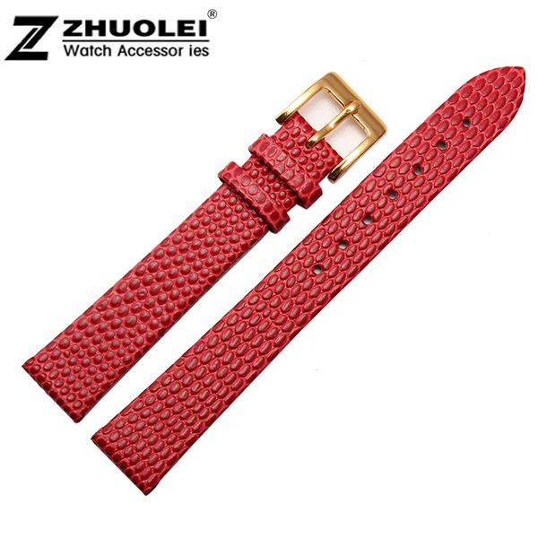 

10mm 12mm 14mm 16mm 18mm 20mm new high quality women red genuine leather watch band strap bracelet with gold pin buckle clasp, Black;brown