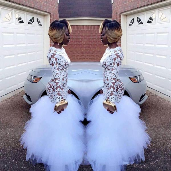 

2018 African White Mermaid Lace Prom Dresses for Black Girls Long Sleeves Ruffles Tulle Floor Length Plus Size Evening Prom Gowns Vestidos