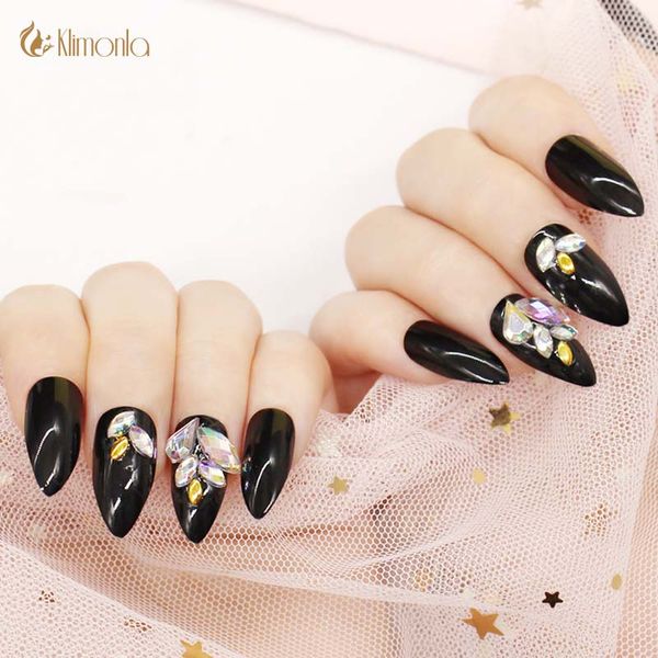 

24pcs /set black stiletto acrylic nails tip full cover nail tool false nail art artificial pre design fake with glue, Red;gold