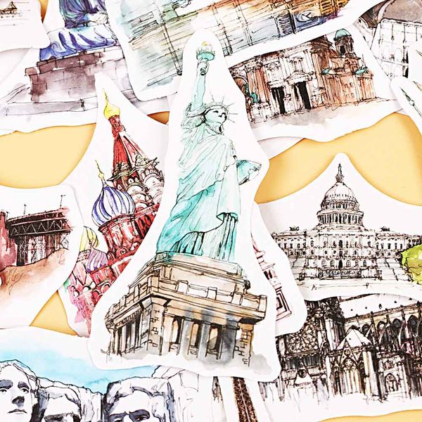 

1set travel around the world watercolor hand-painted building decorative stickers