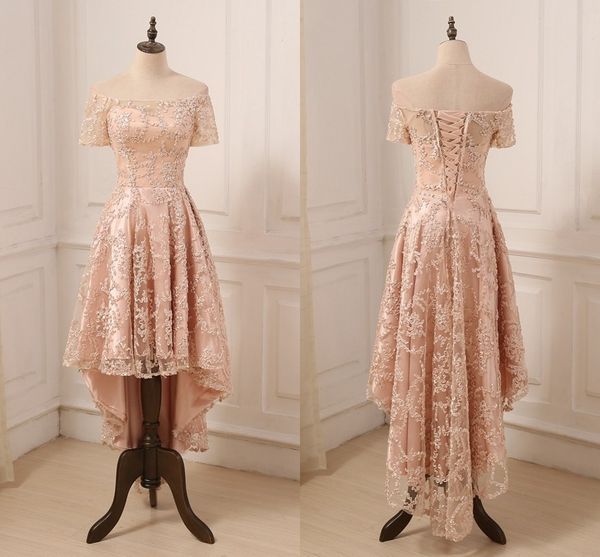 Roségoldenes Spitzen-Abschlussballkleid, schulterfrei, mit Ärmeln, 2022, mit Schnürung am Rücken, Designer-Günstige formelle Abendkleider, Neu