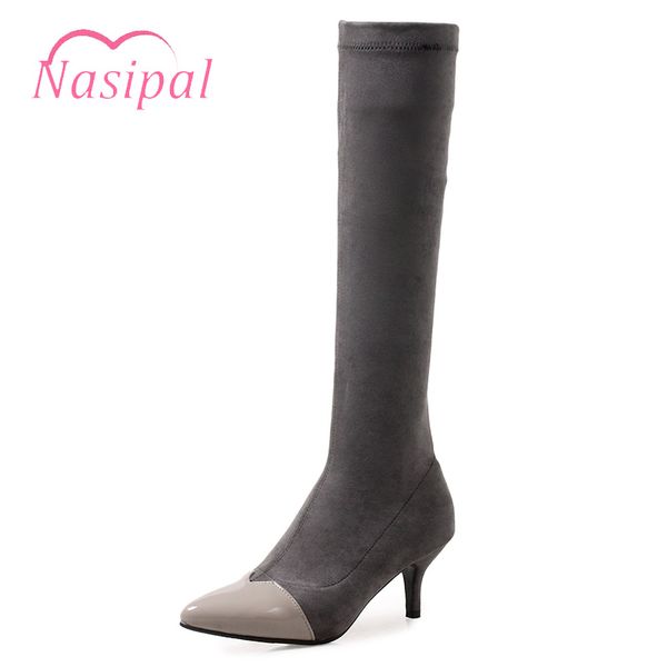 

nasipal ladies shoes woman high heels pointed toe knee high knight boots pointed toe women's shoes plus size 33-43, Black