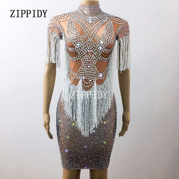 

sparkly crystals big stretch dress women's evening party wear full rhinestones tassel dress prom birthday celebrate outfit, White;black