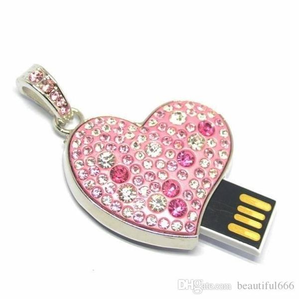 

100% real capacity fashion metal crystal heart pendant necklace usb 2.0 flash drive16gb~128gb