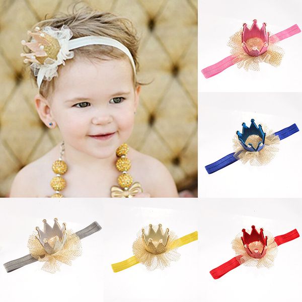 

baby girls pearl glitter princess crown headbands with sweet mesh hair sticks hairbands infant kids halloween cosplay hair accessories, Slivery;white