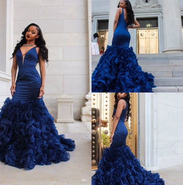 

2019 королевские синие платья выпускного вечера русалки сексуальные глубокие вечерние платья с v-образным вырезом оборками из органзы юбка х, Black