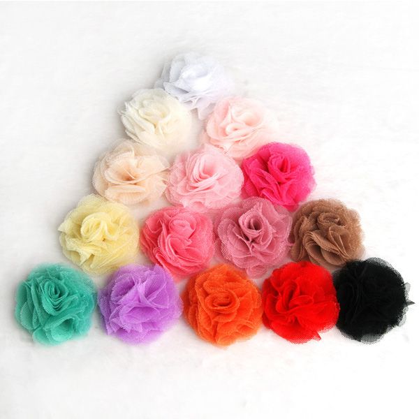 

120pcs/lot 2.4'' 15colors artificial tulle mesh chiffon flower for gilrs hair accessories handmade fabric flowers for headbands