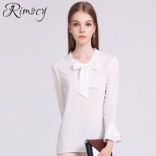 

rimocy 2018 women summer o-neck bow knot long sleeves blouses butterfly sleeves chiffon shirts women solid color slim, White