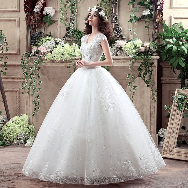

2018 v-neck wedding dress princess fashion laciness wedding dress romantic plus size bridal gowns lace up vestido de noiva, White
