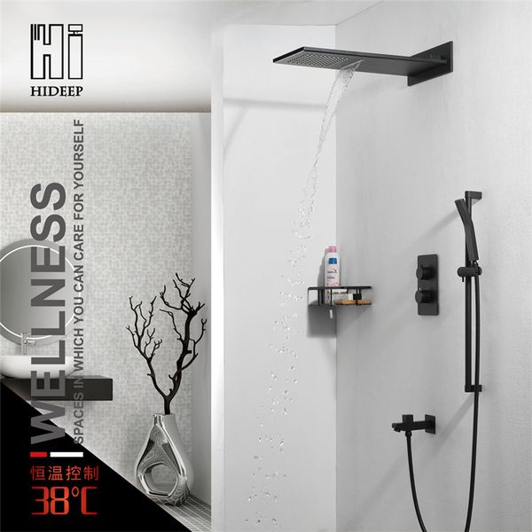 

black shower faucets set brass 2 function showerhead 10" ceiling rainfall waterfall luxury shower system thermostatic mixer taps