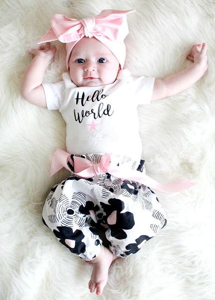 

summer 2018 baby girl clothes floral fashion cotton t-shirt+pants+headband kids toddler 3pcs suit newborn baby girls clothing, White