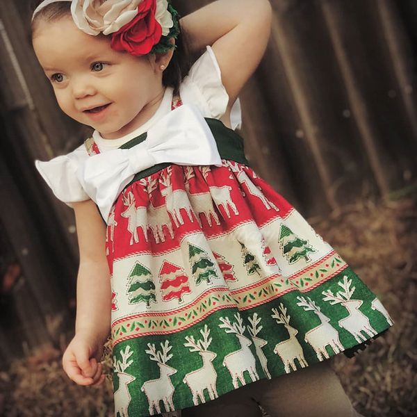 

christams new year little deer print halter dress for girls at instagram style party dress, Red;yellow