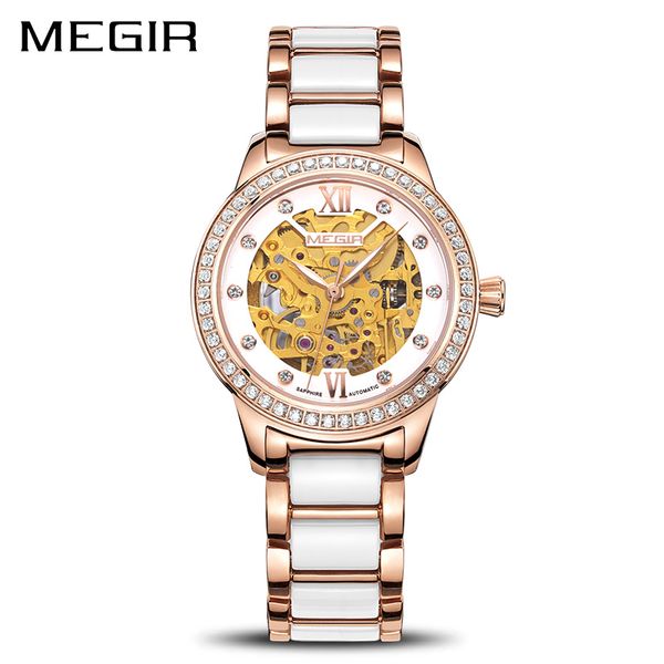 

ceramic women mechanical watches megir diamond luxury ladies skeleton automatic watch women clock relogio femenino, Slivery;brown
