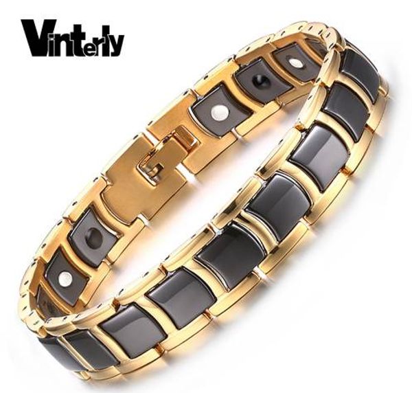 

vinterly mens bracelet health black ceramic bio magnetic germanium bracelets men hand chain link gold color stainless jewelry, Golden;silver