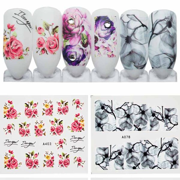 

1 pcs rose flower design nail art water transfer sticker slider for nail decals tip decoration nails accessories tools zjt3042, Black