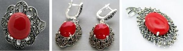 

new lady's red carved lacquer marcasite 925 sterling silver floeer ring(#7-10) earrings & pandent jewelry sets, Black